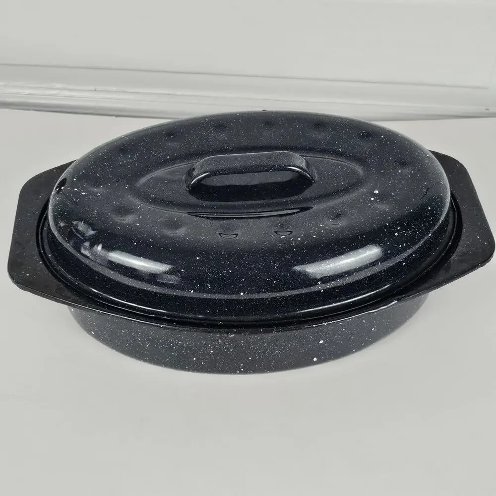 VTG small blue granite ware roaster pan with lid oval EUC